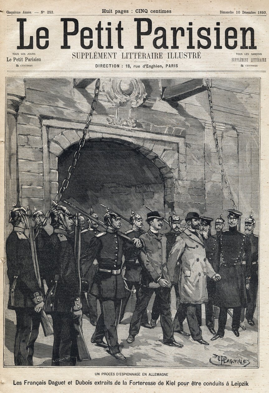 在德国的间谍审判：法国人Daguet和Dubois被从基尔要塞带到莱比锡。1893年12月10日的《小巴黎人报》之一（雕版）。 作者 法语学校