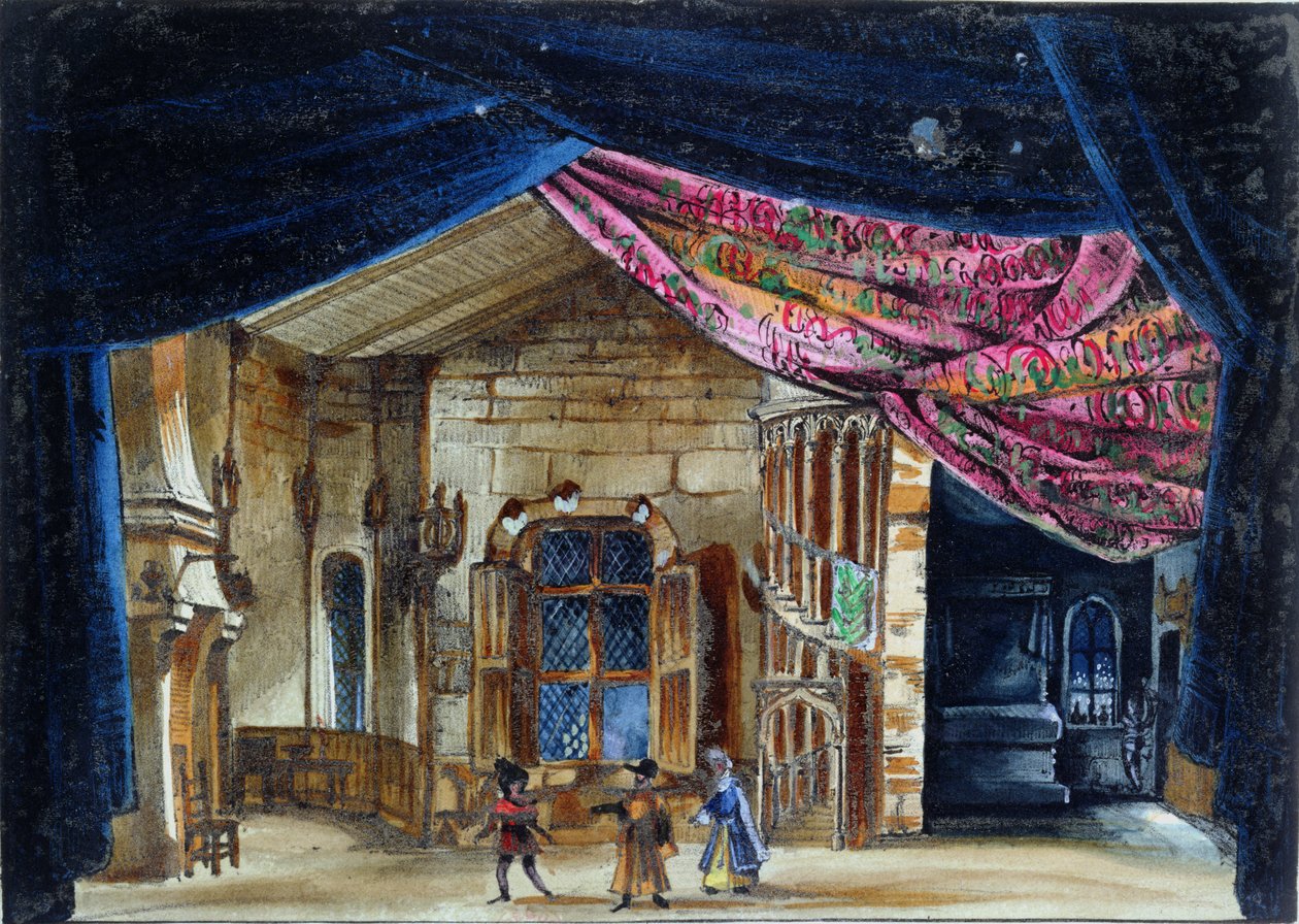 La Juive第二幕的舞台设计，首次于1835年2月23日在巴黎歌剧院演出，（纸上写着） 作者 法语学校