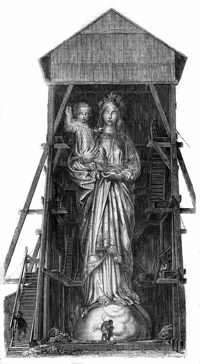 Statue of Notre Dame de France at Puy en Velay (Puy-en-Velay) in Haute Loire (43): model of the statue to be melted from the iron from the canons taken in Sebastopol. The statue was completed in 1860 and was 16m high. From a photograph. Engraving in “” Le  作者 法语学校
