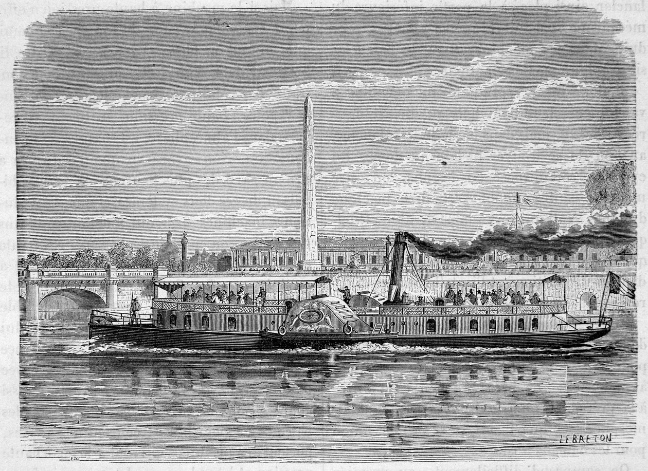 在1867年世界博览会期间，打算在巴黎塞纳河上提供巴士服务的蒸汽船（有轮子的） - 雕刻，19世纪末 作者 法语学校