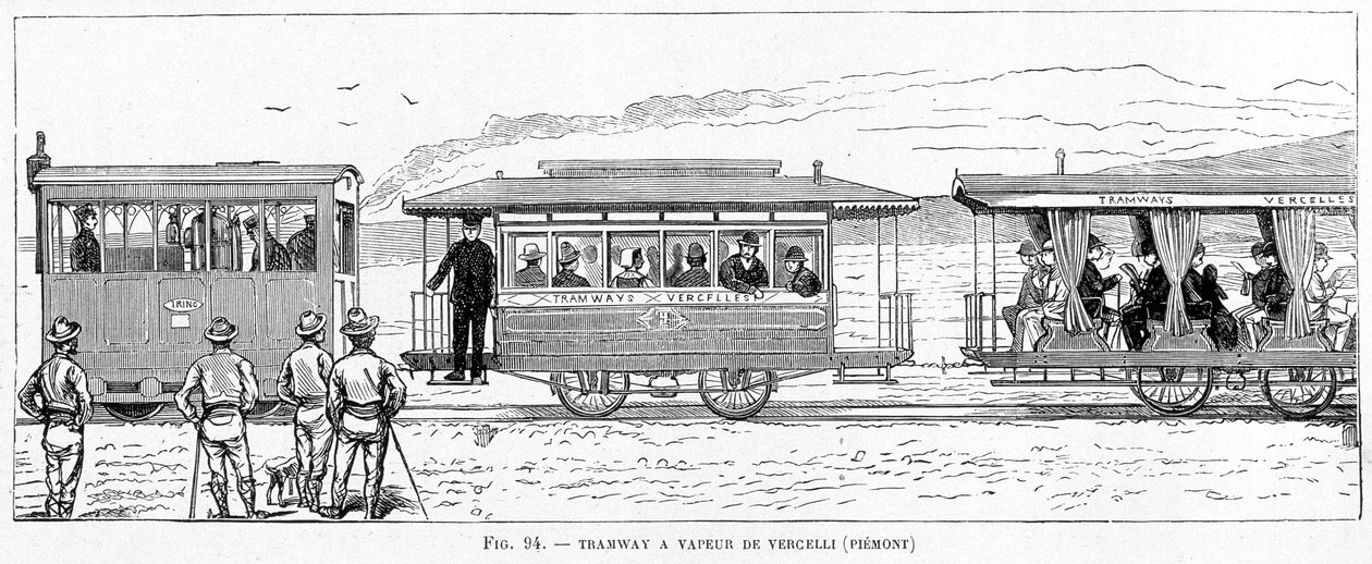 Vercelli（皮埃蒙特）的蒸汽电车 - 在 Louis Figuier 的“科学的新征服”中 作者 法语学校