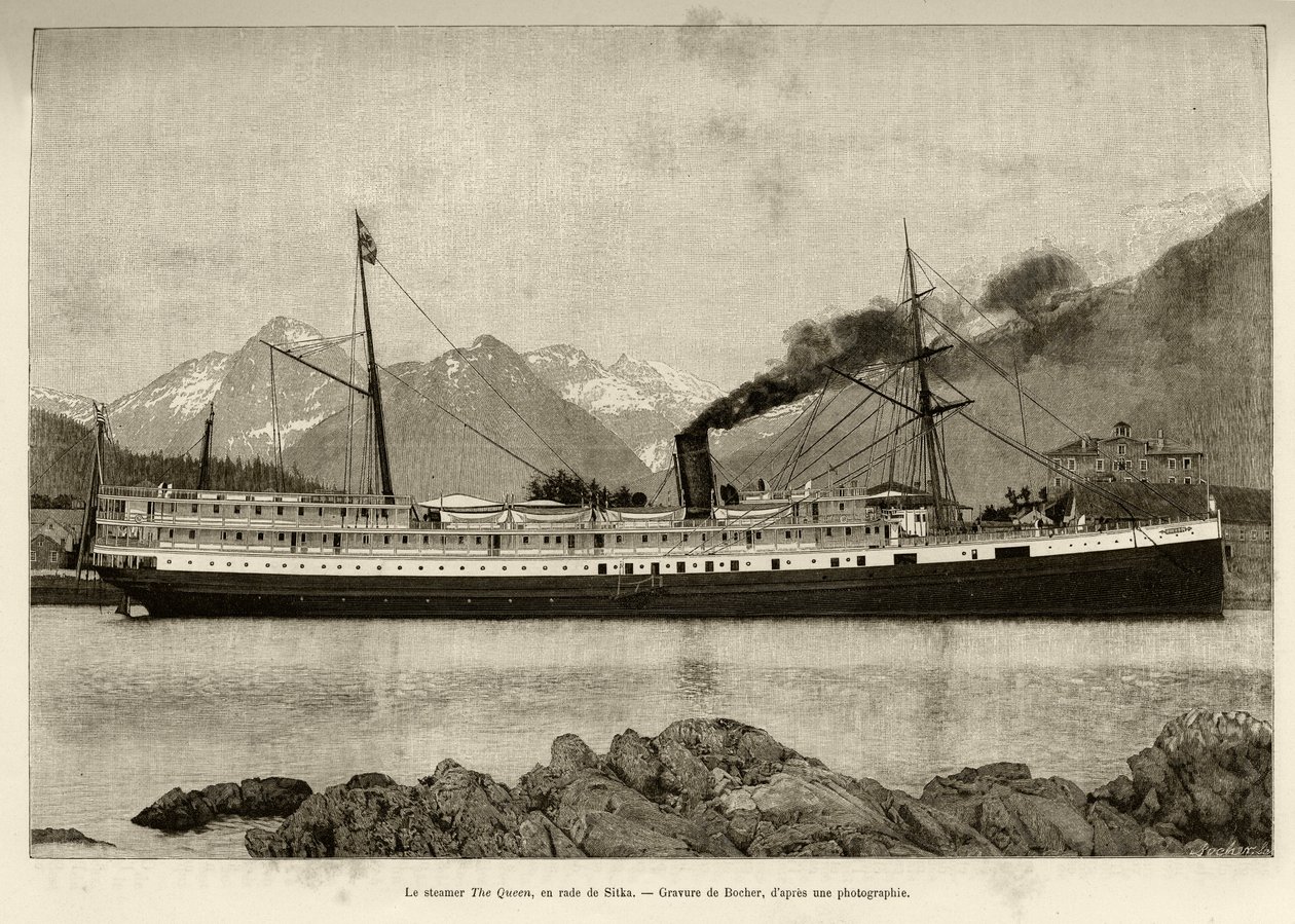 汽船女王，在锡特卡港（美国阿拉斯加州）。 Bocher 雕刻，1890 年，Le tour du monde，新航海杂志，Edouard Charton（1807-1890 年）编辑，1891 年第二学期，巴黎阿歇特版。 作者 法语学校