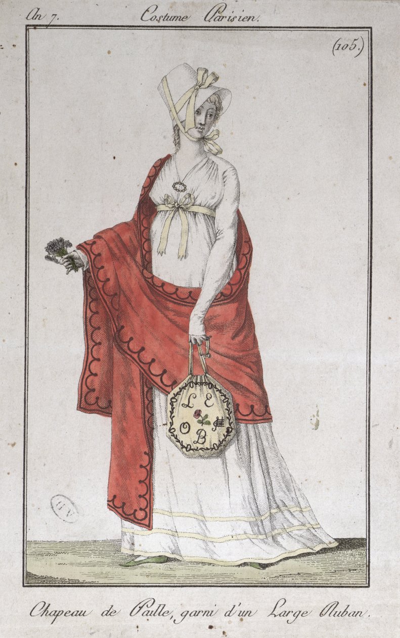 草帽用丝带，时装板从服装Parisiens，1799年 作者 法语学校