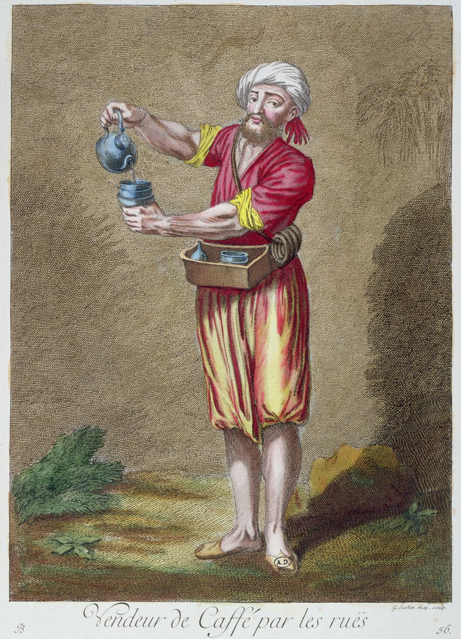 街头商人出售咖啡，来自Levant的服装印花系列，由G. Scotin雕刻，1707-08 作者 法语学校