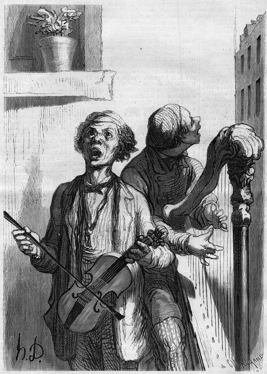 街头歌手。霍诺尔-道米埃（1808-1879）的漫画。1862年12月20日《世界画报》第297期上的版画。 作者 法语学校