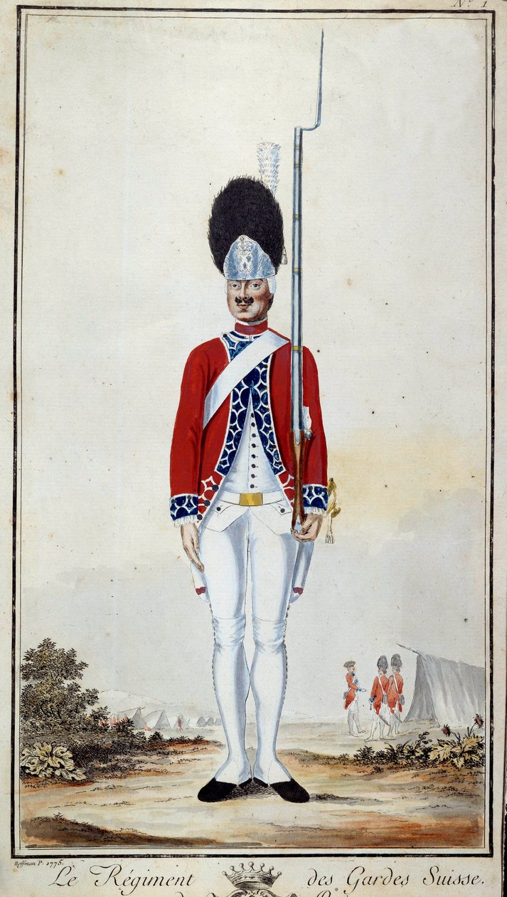 瑞士卫队。 1779 年“路易十六时期法国军队军服概要”版画版画 16。尺寸 0.23x0.16 米。 巴黎，军事博物馆 作者 法语学校