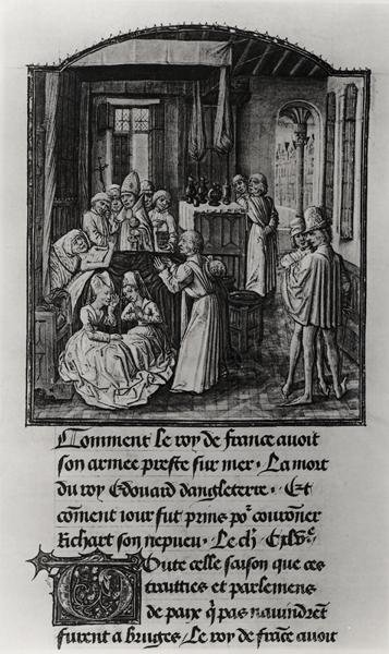 T.2 Fol.111 英国国王爱德华三世在Shene城堡的死亡，摘自Froissart的纪事，15世纪末（牛皮纸）（黑白照片）。 作者 法语学校