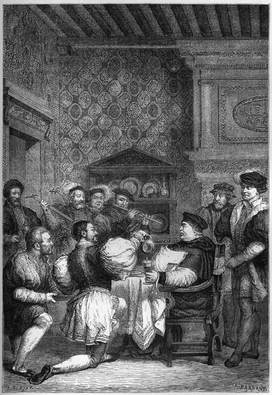 THOMAS CARDINAL WOLSEY (1475?-1530)在餐桌上被贵族和绅士们服侍 - THOMAS WOLSEY (1475?-1530)被他的手下最高级别的人服侍跪下 - Francois Guizot的《L
