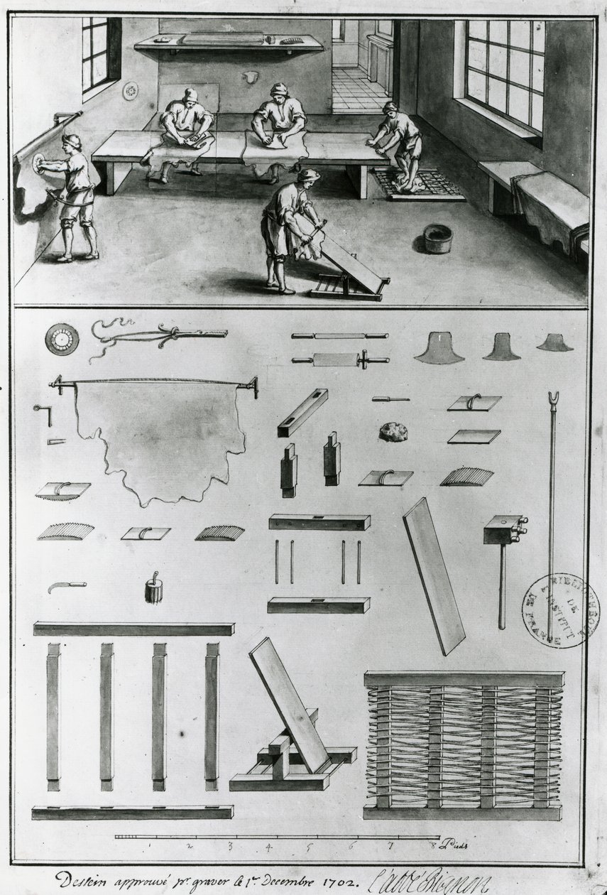 Tanners，来自Denis Diderot（1713-84）的“工艺品描述”，出版于1770年（黑白照片） 作者 法语学校