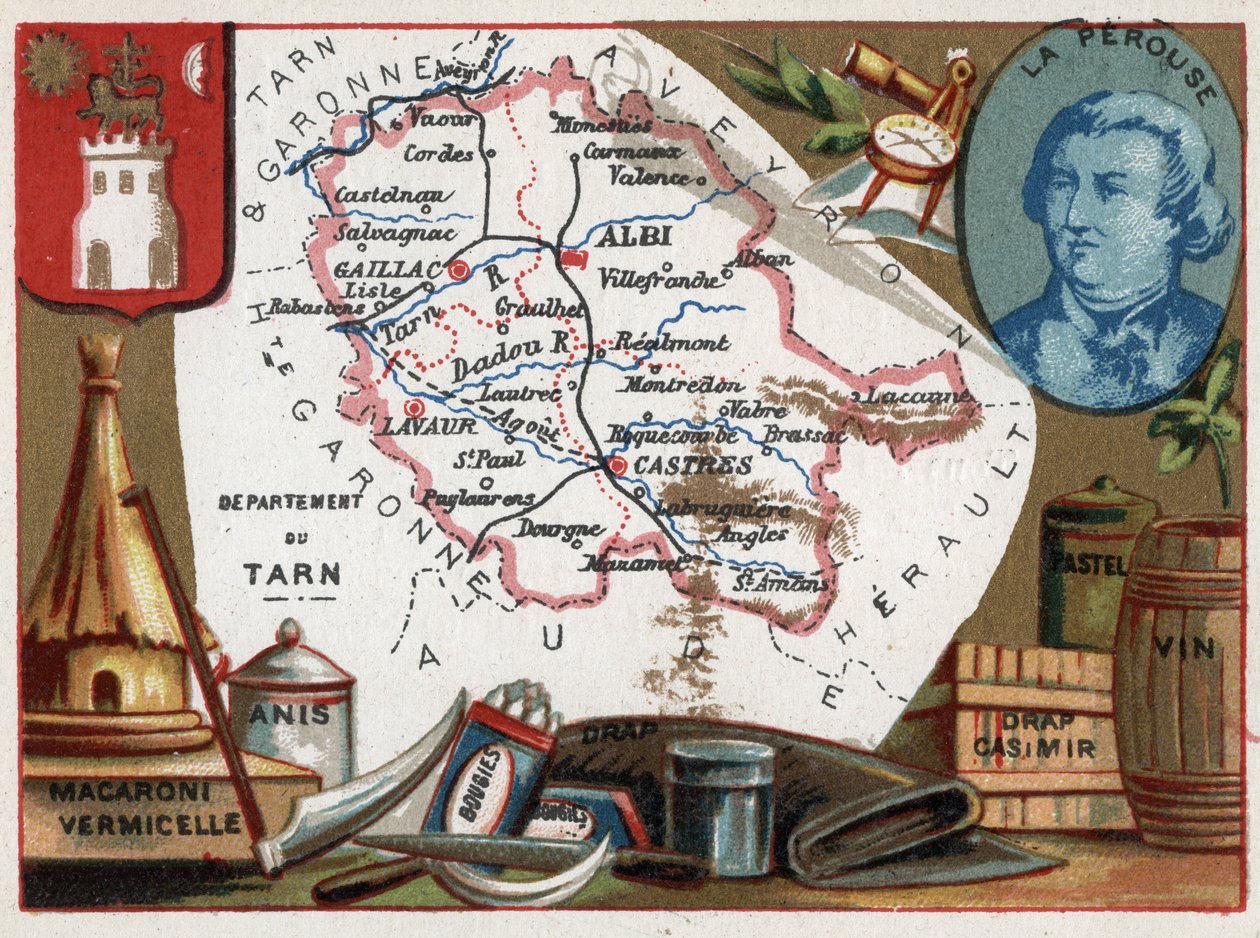 Tarn (81), Midi Pyrenees (Midi-Pyrenees), France. Macaroni and vermicelli, anise, candles, bed linen, pastel and wine. Portrait of Jean Francois de Galaup, Count of La Perouse (1741-?) , naval officer. Series on the French Departments. Chromolithography (C 作者 法语学校