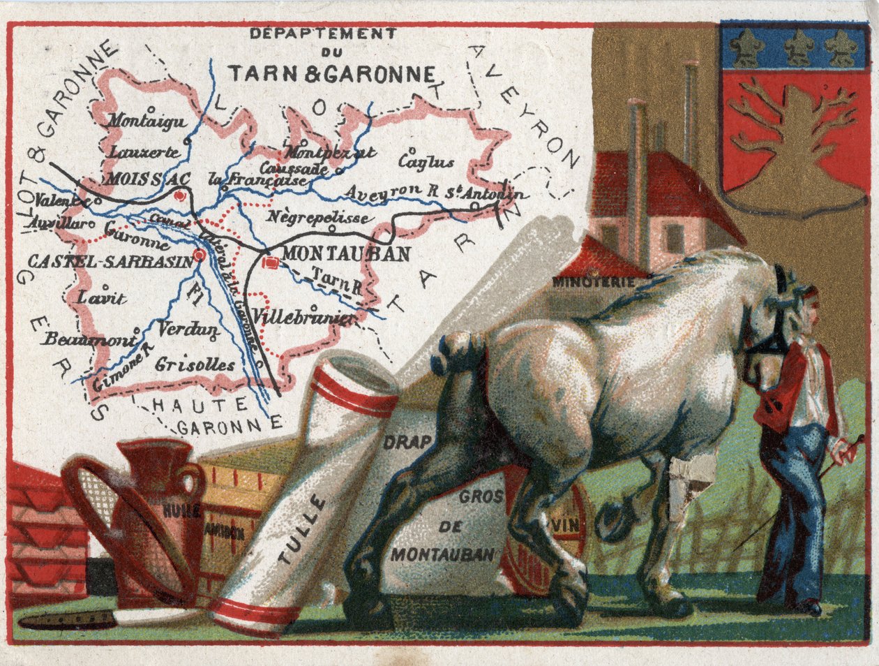 塔恩和加龙省（Tarn-et-Garonne，82），中比利牛斯省（Midi Pyrenees），法国。当地特产：石油、淀粉、薄纱、蒙托邦板材批发、葡萄酒和面粉厂。关于法国各省的系列报道。铬平版印刷术（Chromo）"地理线"，圆 作者 法语学校