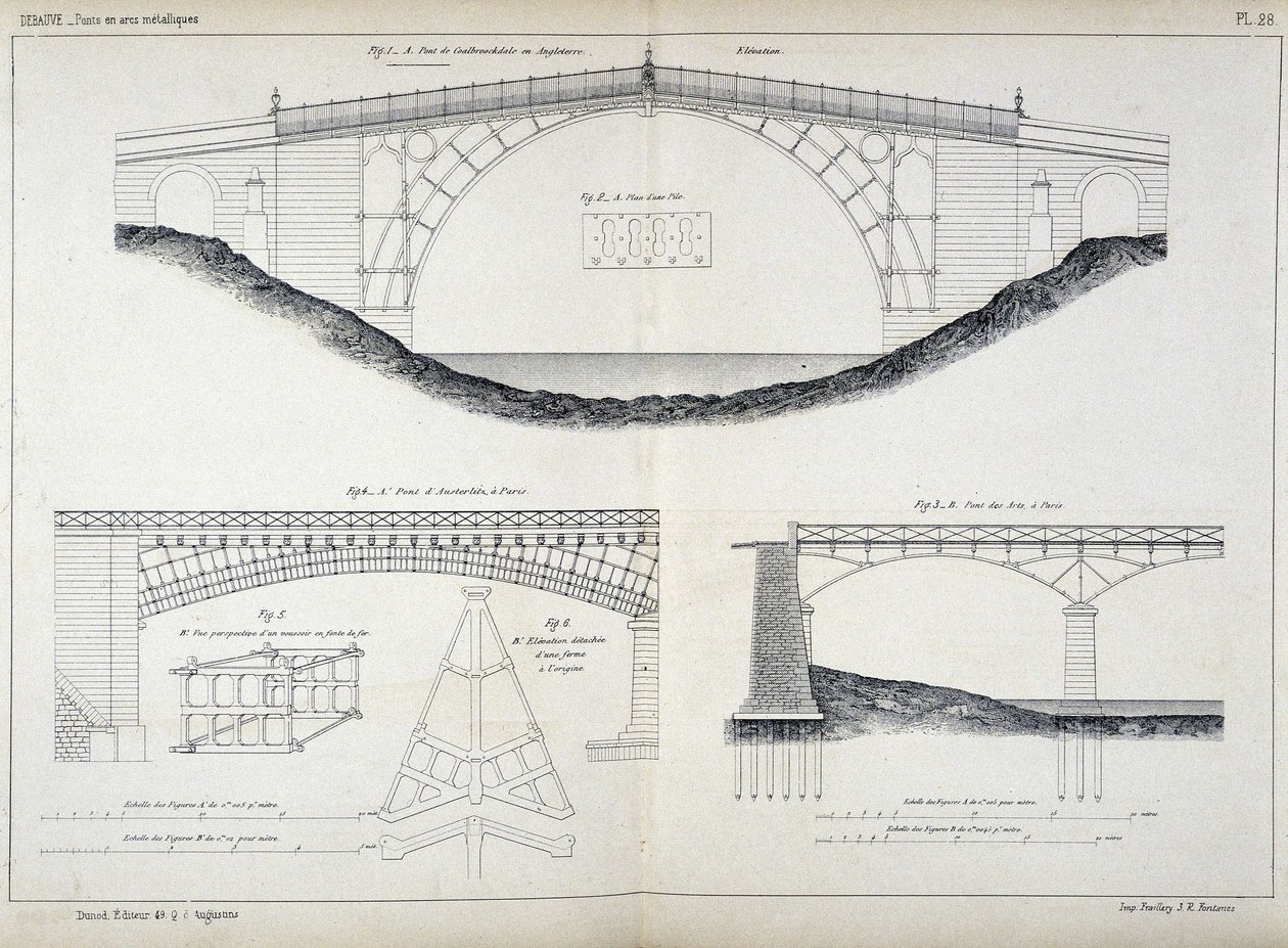 Coalbrookdale（1779 年，英格兰）、奥斯特里茨和巴黎艺术学院的 Ironbridge 桥梁的技术图纸，取自巴黎 Debaure 编着的“Manuel de l
