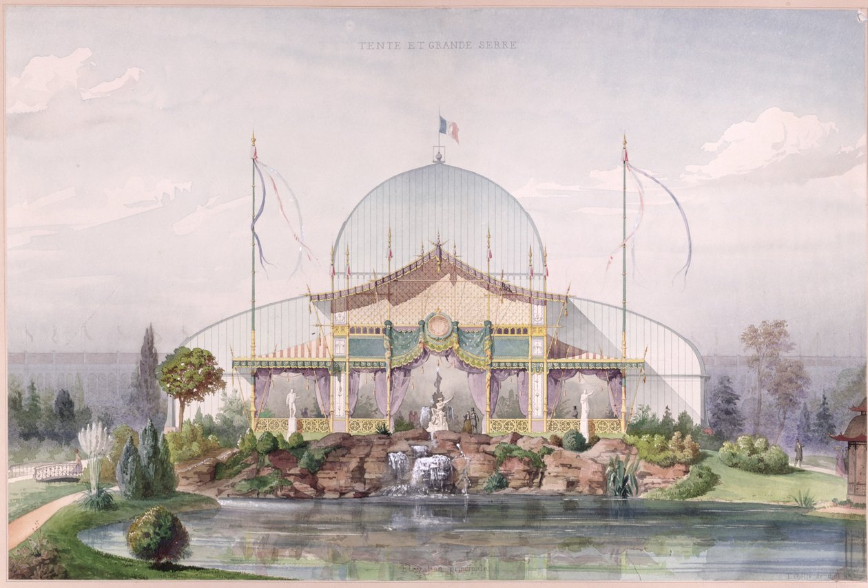 1867年巴黎世界博览会花园中的帐篷和大玻璃屋（纸上水彩） 作者 法语学校