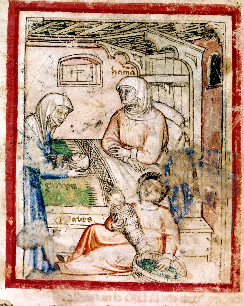 Thamar（添马舰）生下两个双胞胎，Perets和Zerah，犹大的儿子，来自codex 212的缩影（或padovano codice或Padua的圣经）1390-1400 作者 法语学校