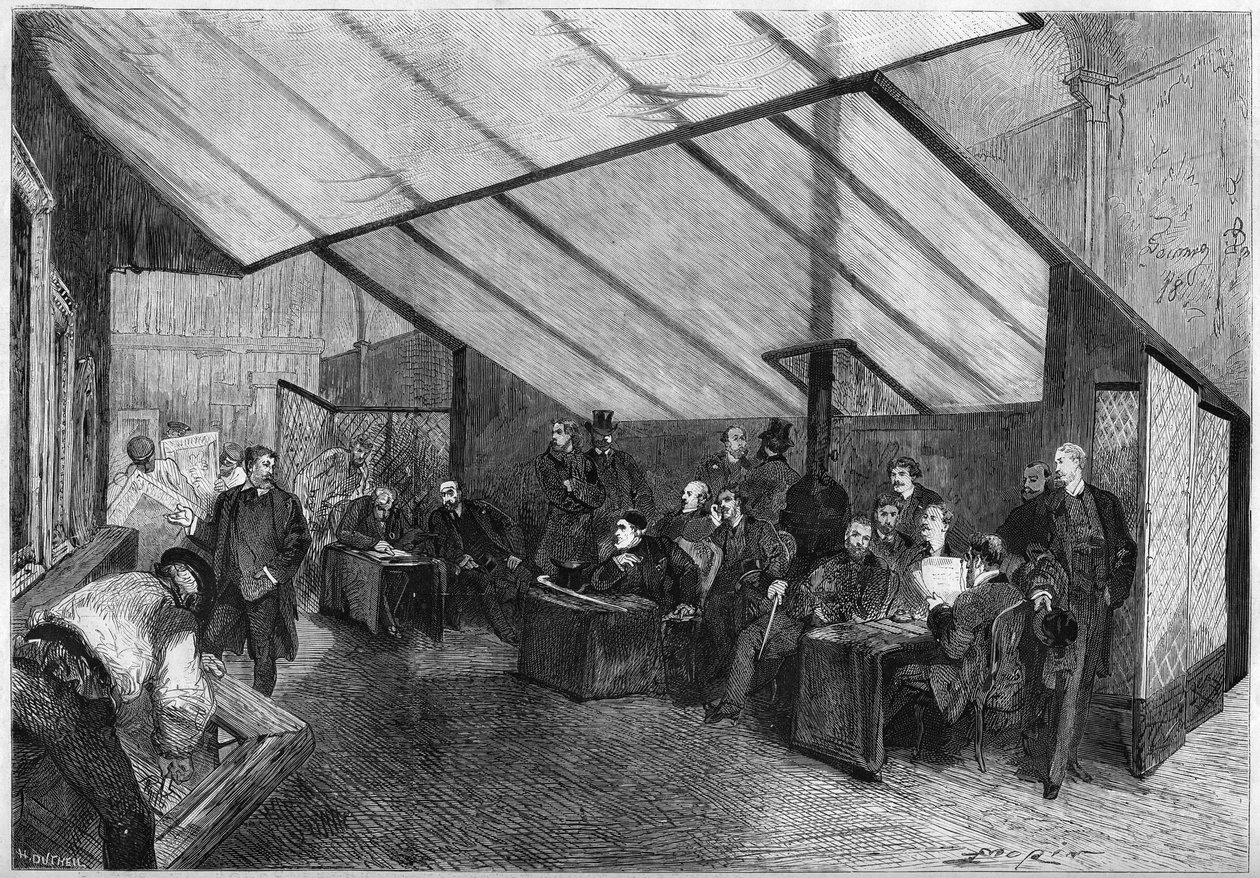 1872年的沙龙：绘画评审团的一次会议。从右到左依次是梅索尼埃、卢梭博士、布勒东、G.布兰格、罗伯特-弗勒里（Robert-Fleury）、佛朗坦、贾拉贝尔、马泽罗尔、布里昂、博纳、鲍德里、杜布菲、德劳内、卡巴特。雕刻在《Le 作者 法语学校