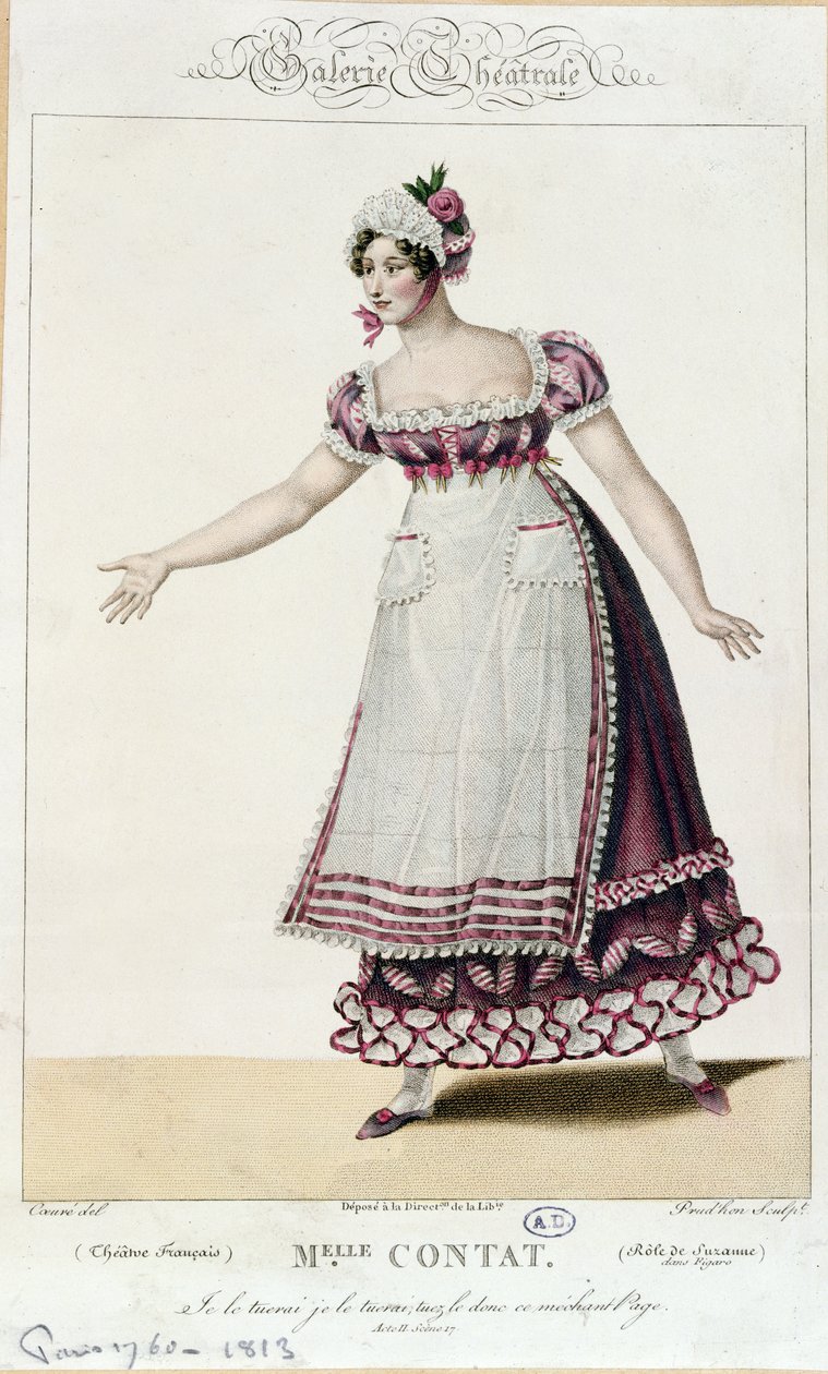 女演员Mademoiselle Contat在Suzanne的角色中扮演费加罗的婚姻由Pierre Augustin Caron de Beaumarchais（1732-99） 作者 法语学校