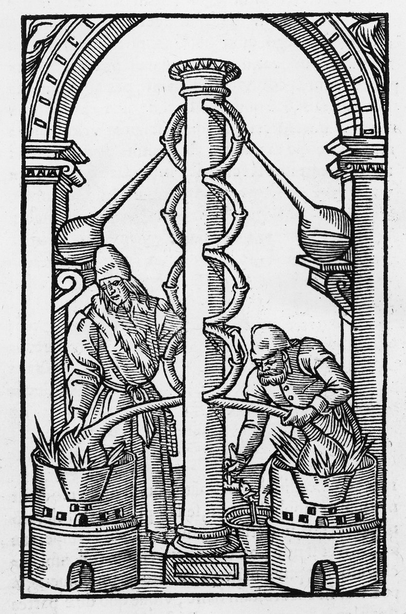工作中的炼金术士，1544年巴黎Philippus Ulstadius的&39;Coelum Philosophorum&39;插图复制品，用于19世纪后期出版的“魔法史” 作者 法语学校