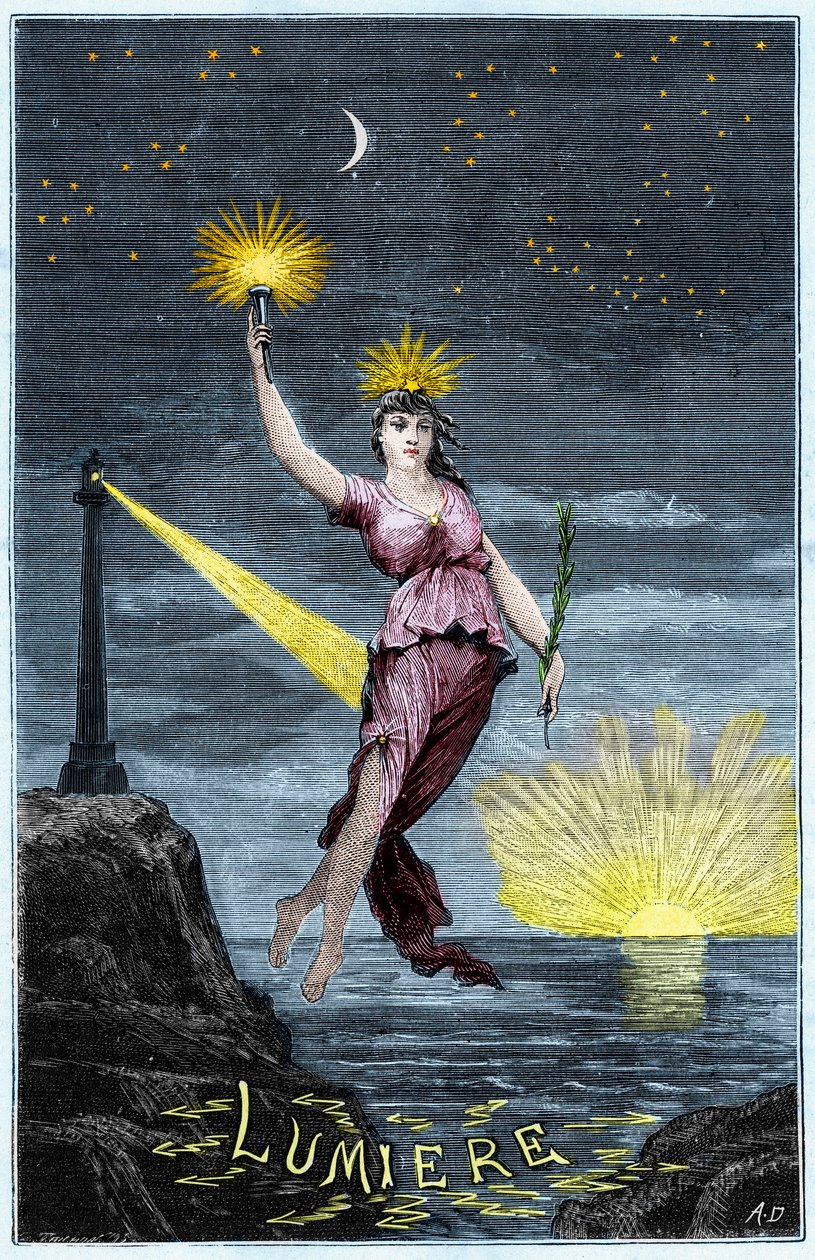 光的寓言 - Allegorie de la Lumiere - 亚历克西斯·克莱尔 (Alexis Clerc) 的“科学向所有人开放 - 物理和化学”中的雕刻 - 19 世纪末 - 私人收藏 作者 法语学校