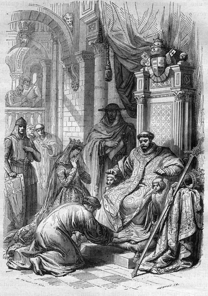 Archeveque Saint Dunstan强迫英格兰国王Edwy（941-959）离婚。雕刻于 "世界各国人民从古至今的卖淫和放荡史"，作者是Th.-F.Debray著。1879. 作者 法语学校