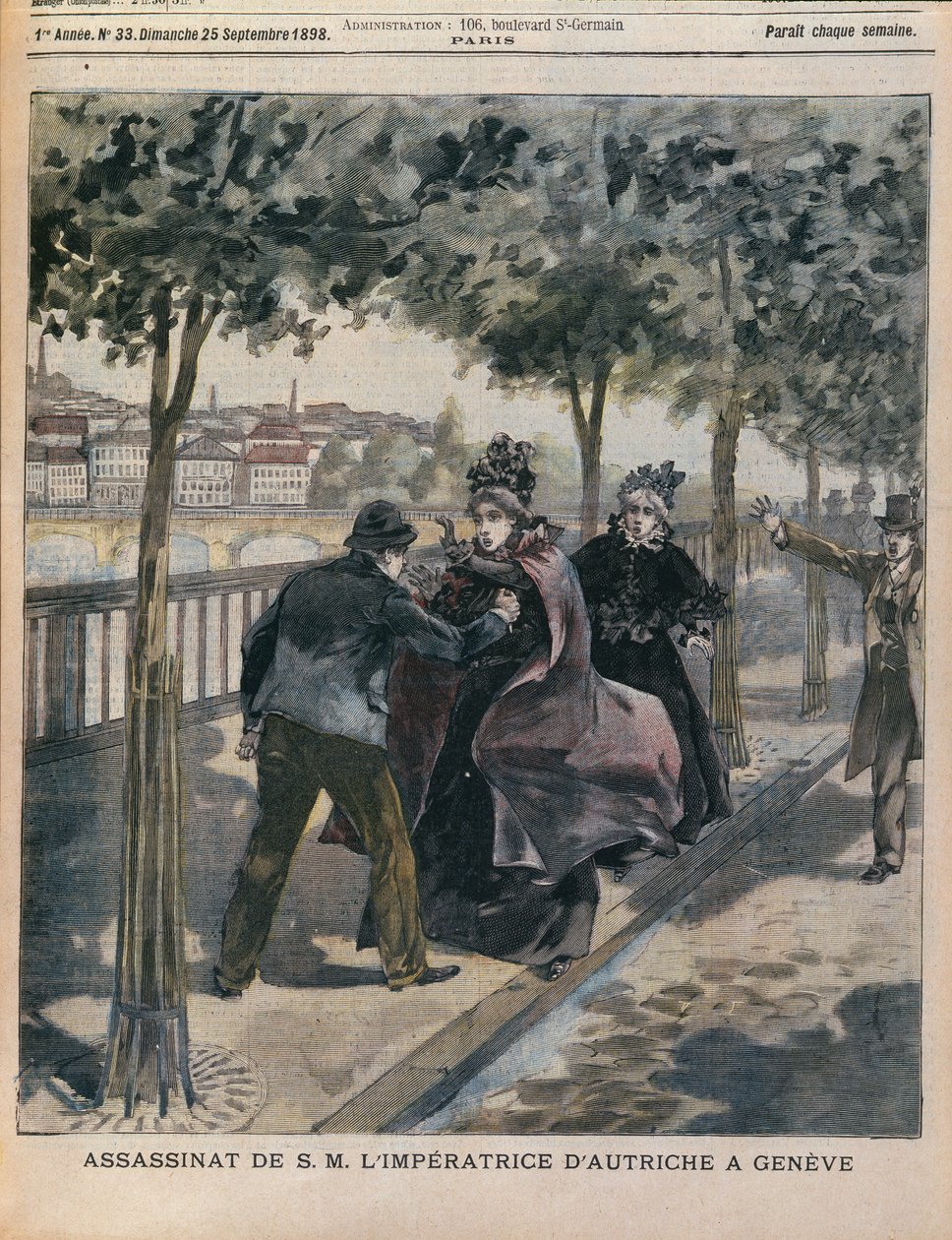 暗杀伊丽莎白（1837-98）奥地利皇后在日内瓦，LAnnee Illustree封面，1898年9月25日（彩色版画） 作者 法语学校