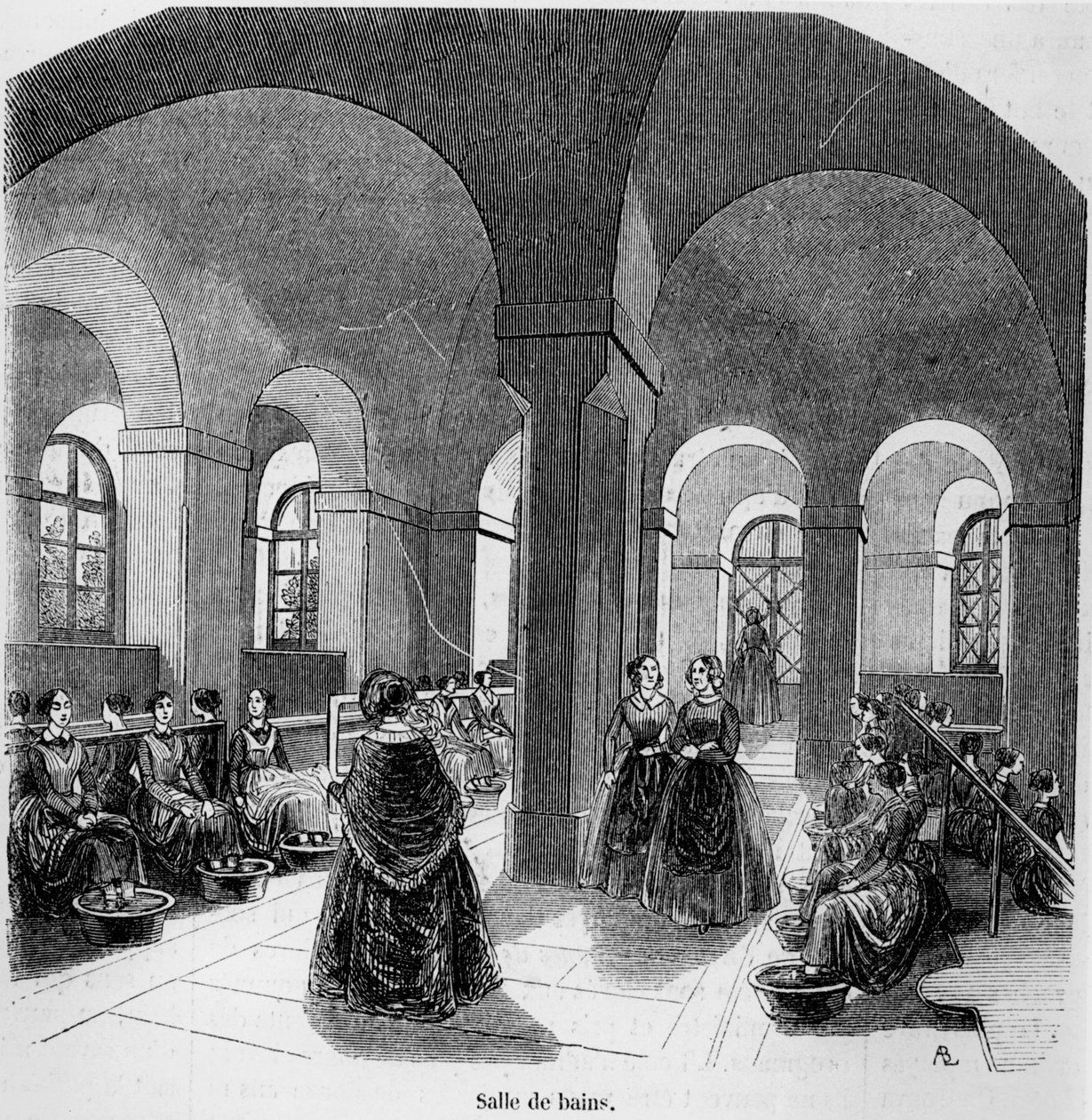 由Edmond Texier设计的巴黎Tableau的年轻盲人研究所的浴室于1852年出版 作者 法语学校