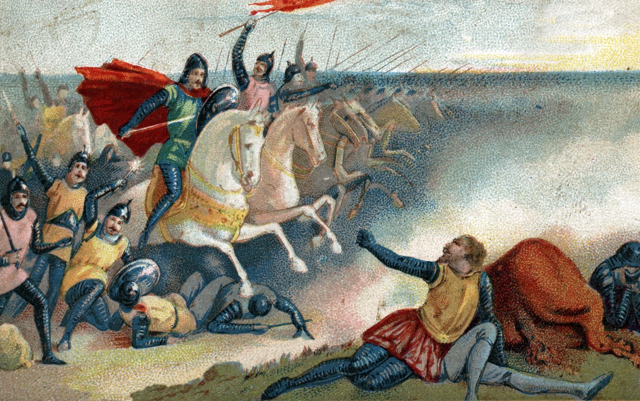 1066年10月14日，哈罗德二世的撒克逊人和诺曼人的军队（征服者威廉一世）之间的黑斯廷斯之战。19世纪末的彩色石版画。 作者 法语学校