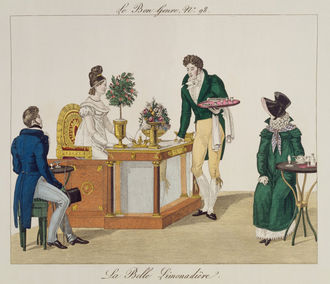美丽的柠檬水卖家，来自le Bon Genre的板98，c.1810（彩色雕刻） 作者 法语学校