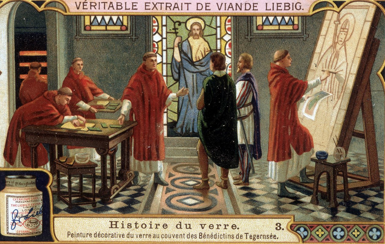Baviere（德国）Tegernsee 修道院的本笃会修士装饰玻璃。 19 世纪的 Liebig 色谱法。 作者 法语学校