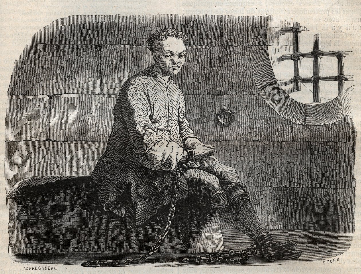 The Brigand Louis Dominique Garthausen dit Cartridge (1693-1721) en prison - Engraving in “” Causes celebres de tous les peuples”” by Armand Fouquier (1817-18?) 1858-1867 - private collection 作者 法语学校