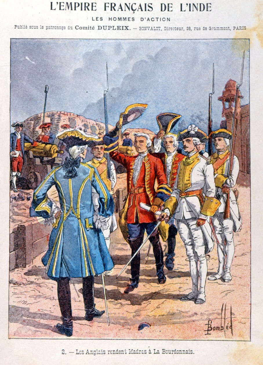 1746年9月21日，英国将马德拉斯交给法国指挥官Mahe de la Bourdonnais，学校练习册封面，c.1900 作者 法语学校