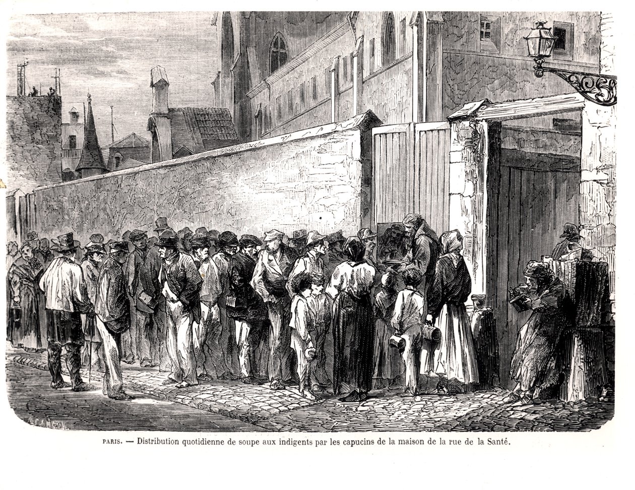1860年世界报（Le Monde Illustre）上的卢普德拉桑特（Chaue de la Sante）的卷尾猴（Capuchins）向穷人分发每日汤 作者 法语学校