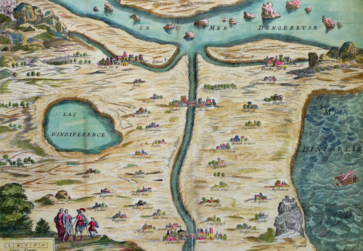 Carte du Tendre，一个虚构国家的地图，由克里斯的第二卷由Mademoiselle de Scudery编写，由Francois Chauveau雕刻（1613-76）1656 作者 法语学校