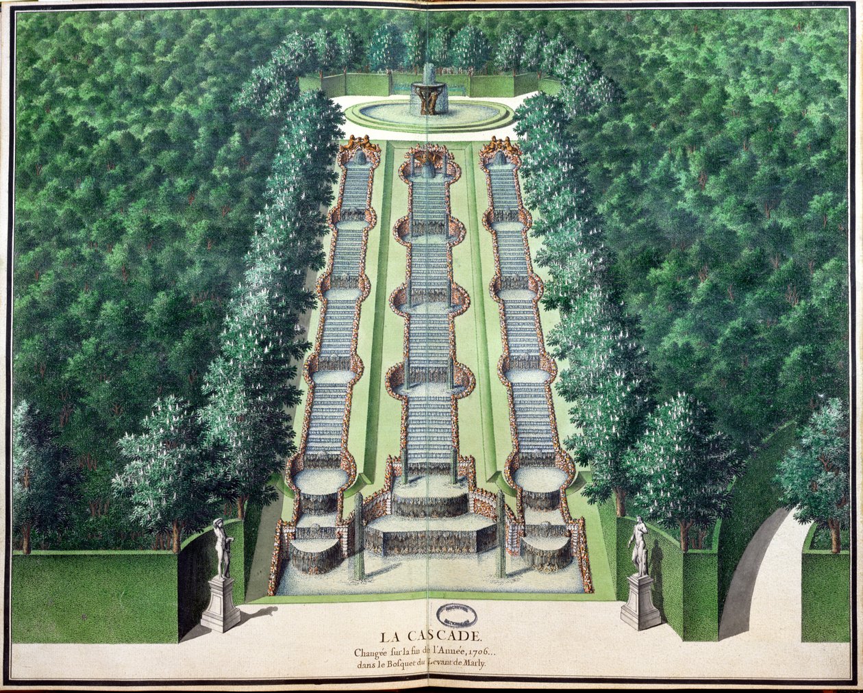 Cascade，于1706年底改建，位于山上的小树林中，来自18世纪初的Marly花园（纸上写着） 作者 法语学校