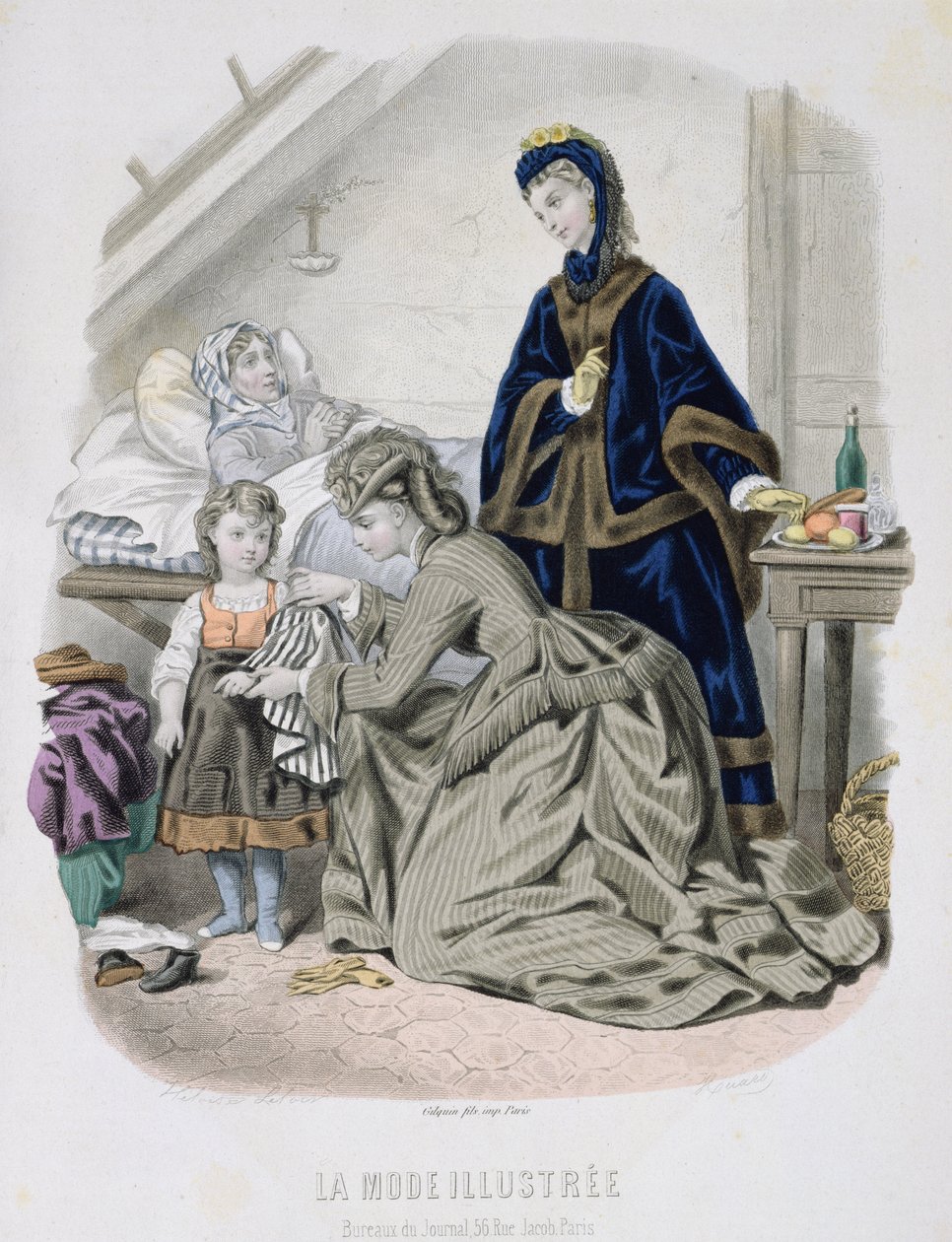 慈善访问，La Mode Illustree插图，1870年（彩色雕刻） 作者 法语学校