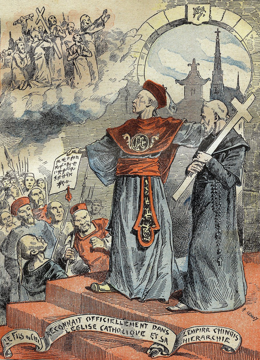 中国光绪皇帝（光绪或光绪）（1872-1908）正式承认天主教会及其等级制度。1899年5月25日 "Le Pelerin "上的版画。 作者 法语学校