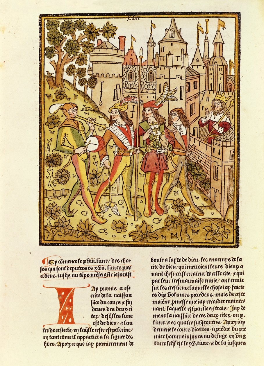 上帝之城和本世纪城市，来自La Cite de Dieu，1486-87（xylograph） 作者 法语学校