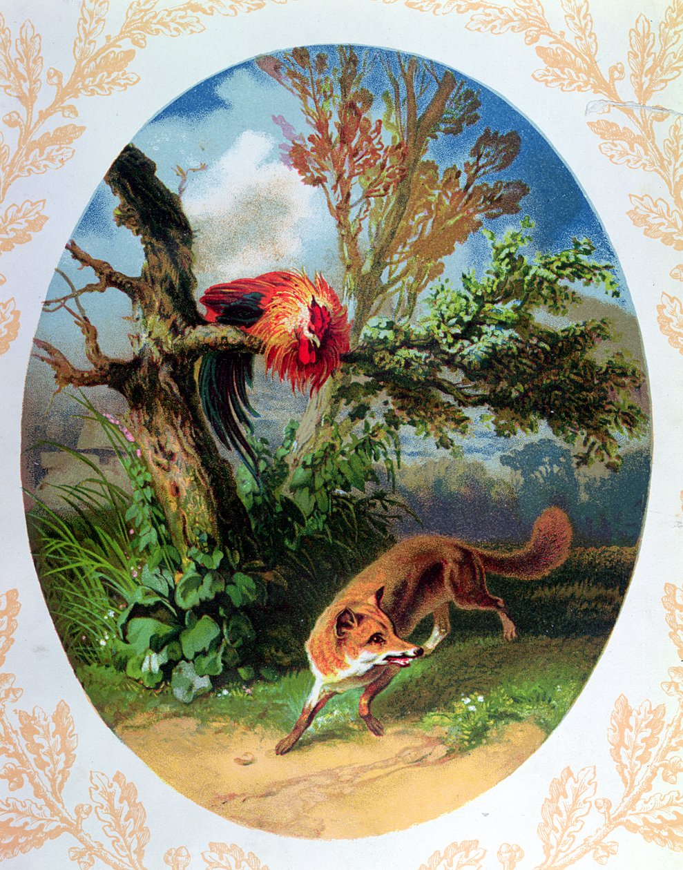 公鸡和狐狸，由Jean de la Fontaine（1621-95）传说中的插图c.1860-80 作者 法语学校