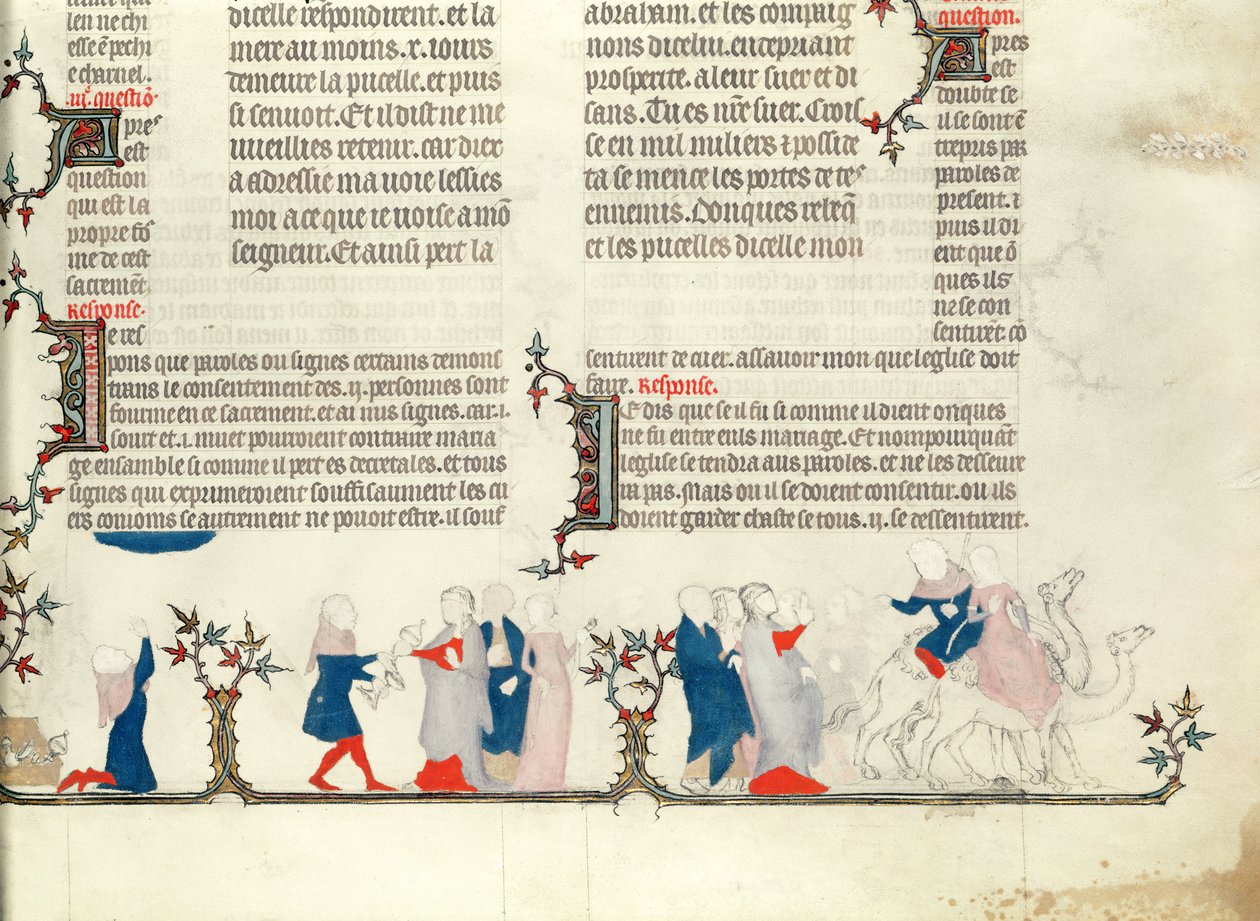 Rebecca与Eliezer的离开，来自Jean de Sy的圣经，c.1355 作者 法语学校