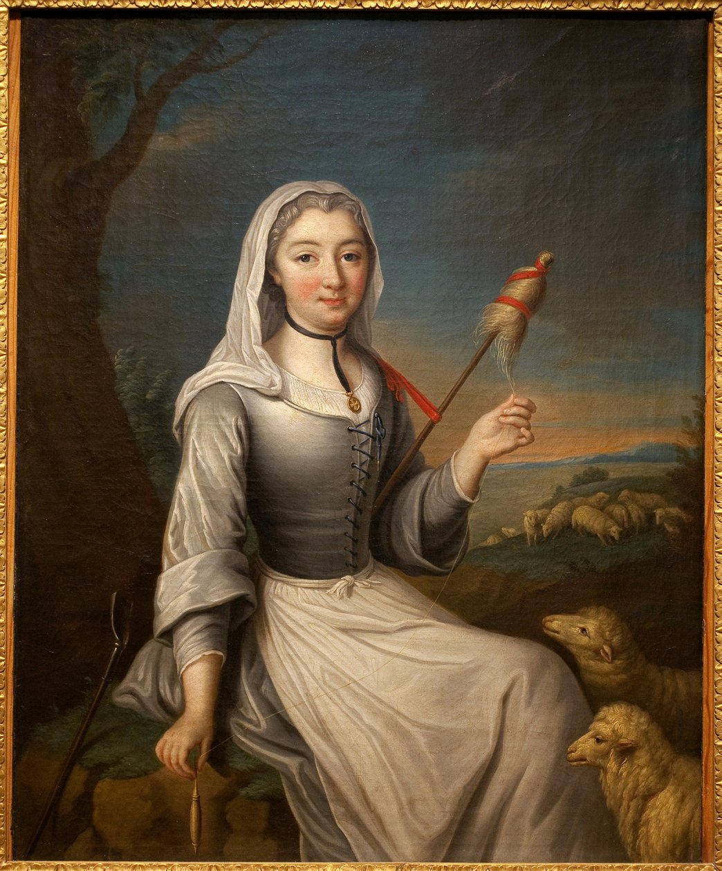 The Duchess of Villars (?) in a bergere holding a cattail. French painting, oil on canvas, 80 x 63.6 cm, first half of the 18th century. Musee de Tesse, Le Mans. 作者 法语学校