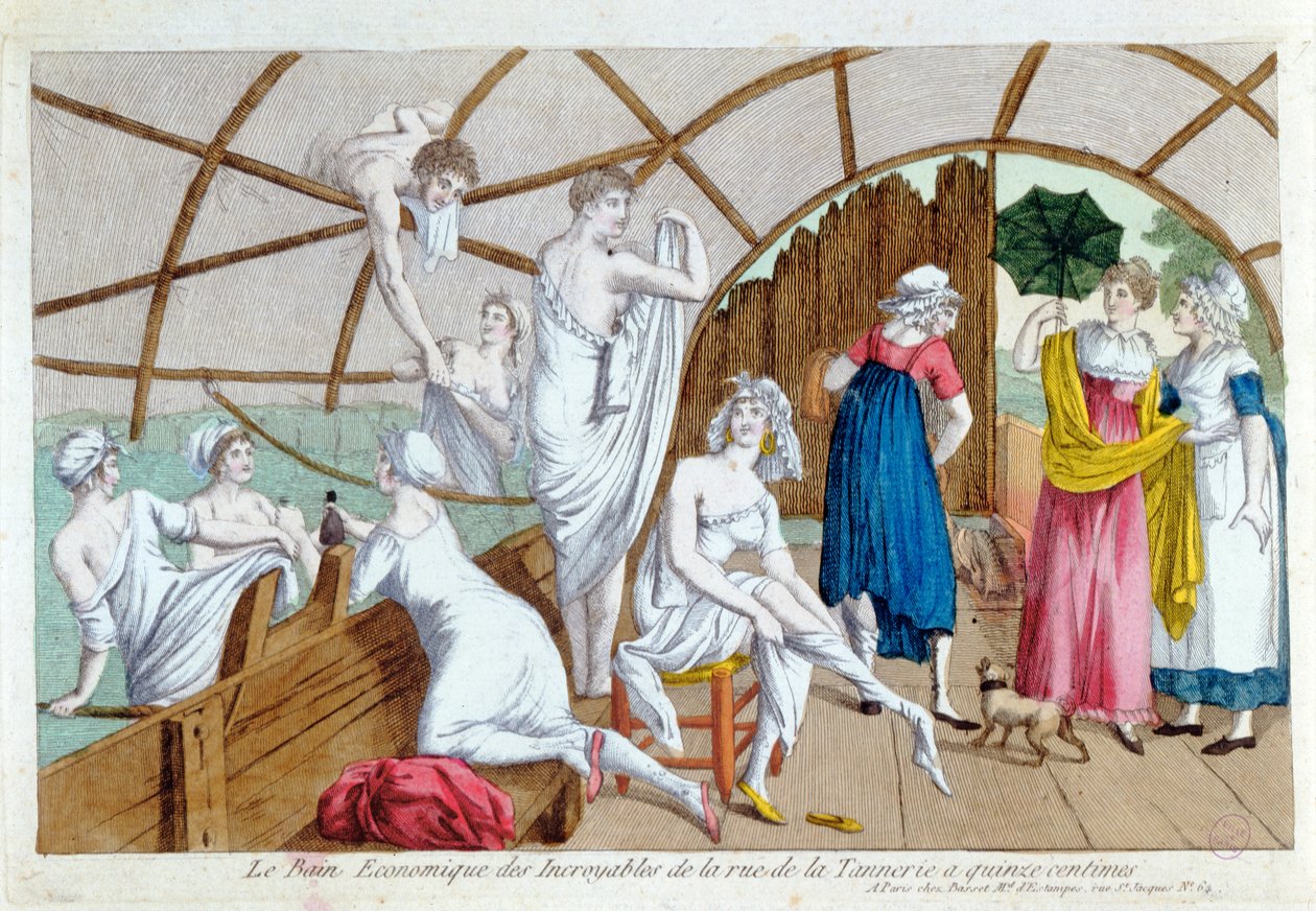 巴黎Rue de la Tannerie的Incroyables的经济浴场，c.1800 作者 法语学校
