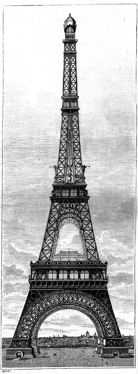 埃菲尔铁塔，为1889年巴黎世界博览会建造的300米高的塔，由工程师和工业家古斯塔夫-埃菲尔（1832-1923）建造。雕刻在 "La Nature.科学及其在艺术和工业中的应用评论》。1884. 作者 法语学校