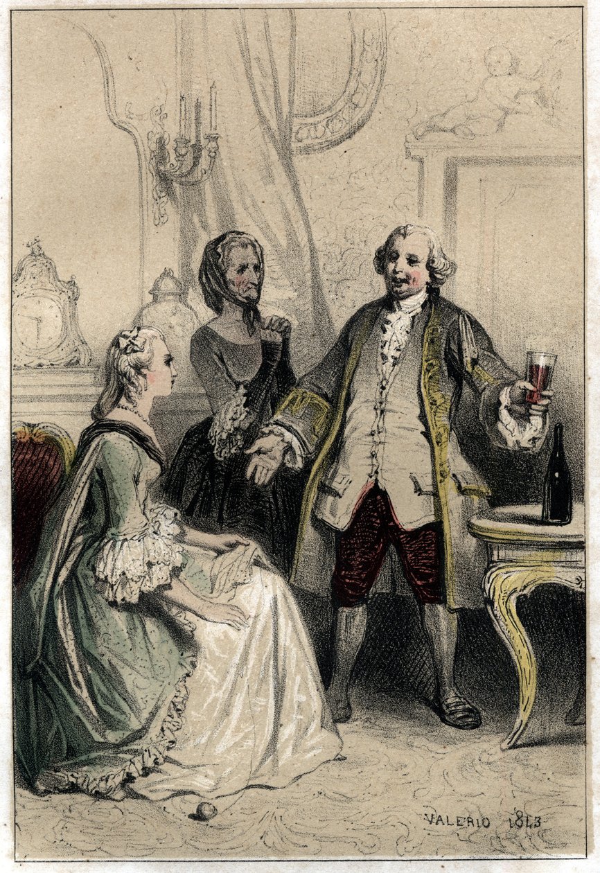英国喜剧演员大卫-加里克（1717-1779）伪装成一辆马车，冲进一位公爵夫人的怀抱，试图给她讲道理，让她相信她对他的爱是荒谬的。 板块取自 "著名的家庭生活场景 "雕刻，分两幅 作者 法语学校