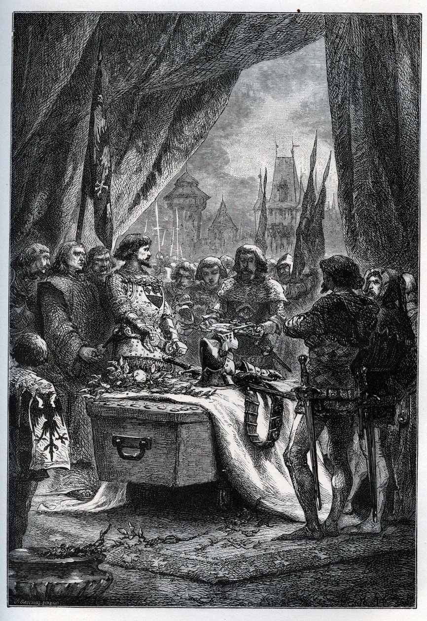 1380年7月13日，沙托纳夫-德-兰登（Chateauneuf-de-Randon，Auvergne）的英国总督投降了，并来把广场的钥匙放在Bertrand du Guesclin（1320-1380）的棺材上，在他面前，该城被围困了。死神之城（Le connetable die 作者 法语学校