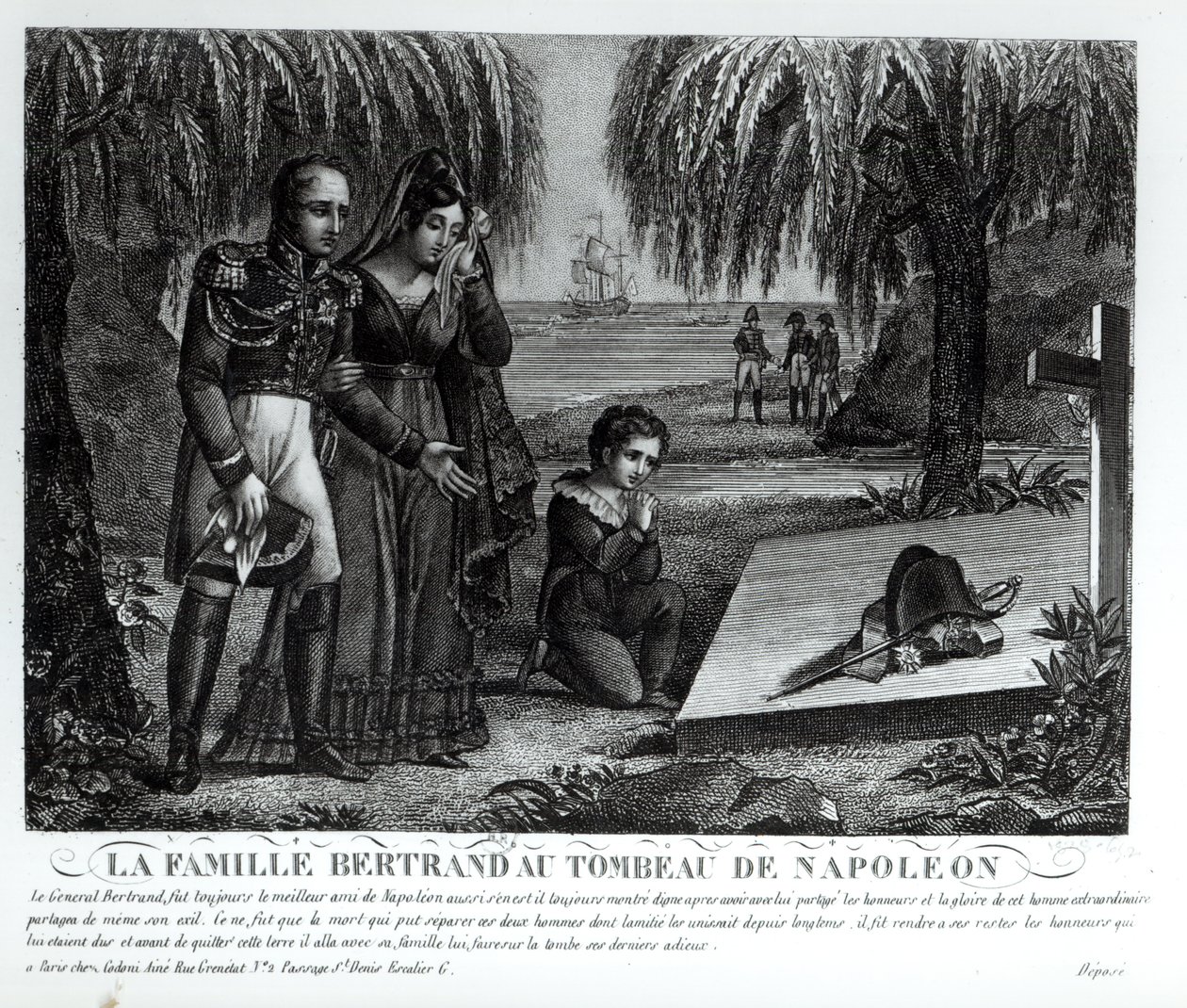 亨利 - 格拉蒂安伯特兰将军家族（1773-1844）在拿破仑波拿巴墓（1769-1821）1821年（石版）（bw照片） 作者 法语学校