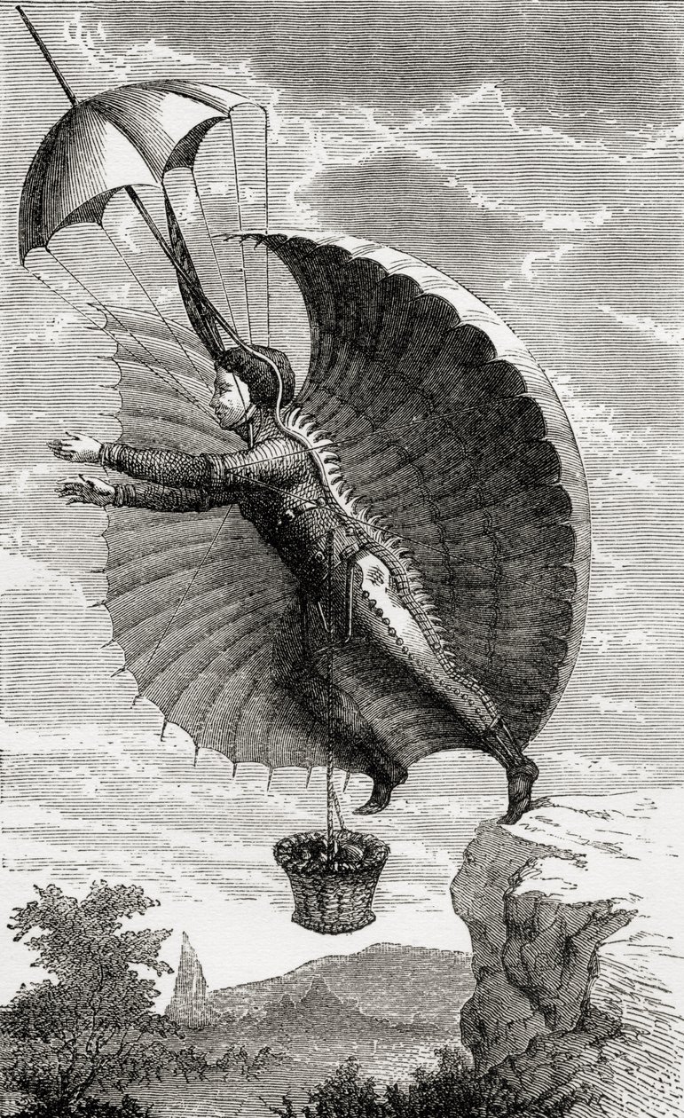 飞行人，雕刻在Nicolas Edme Restif de la Bretonne之后，来自Fulgence Marion的“Wonderful Balloon Ascents or the Conquest of the Skies”，发表于1870年 作者 法语学校