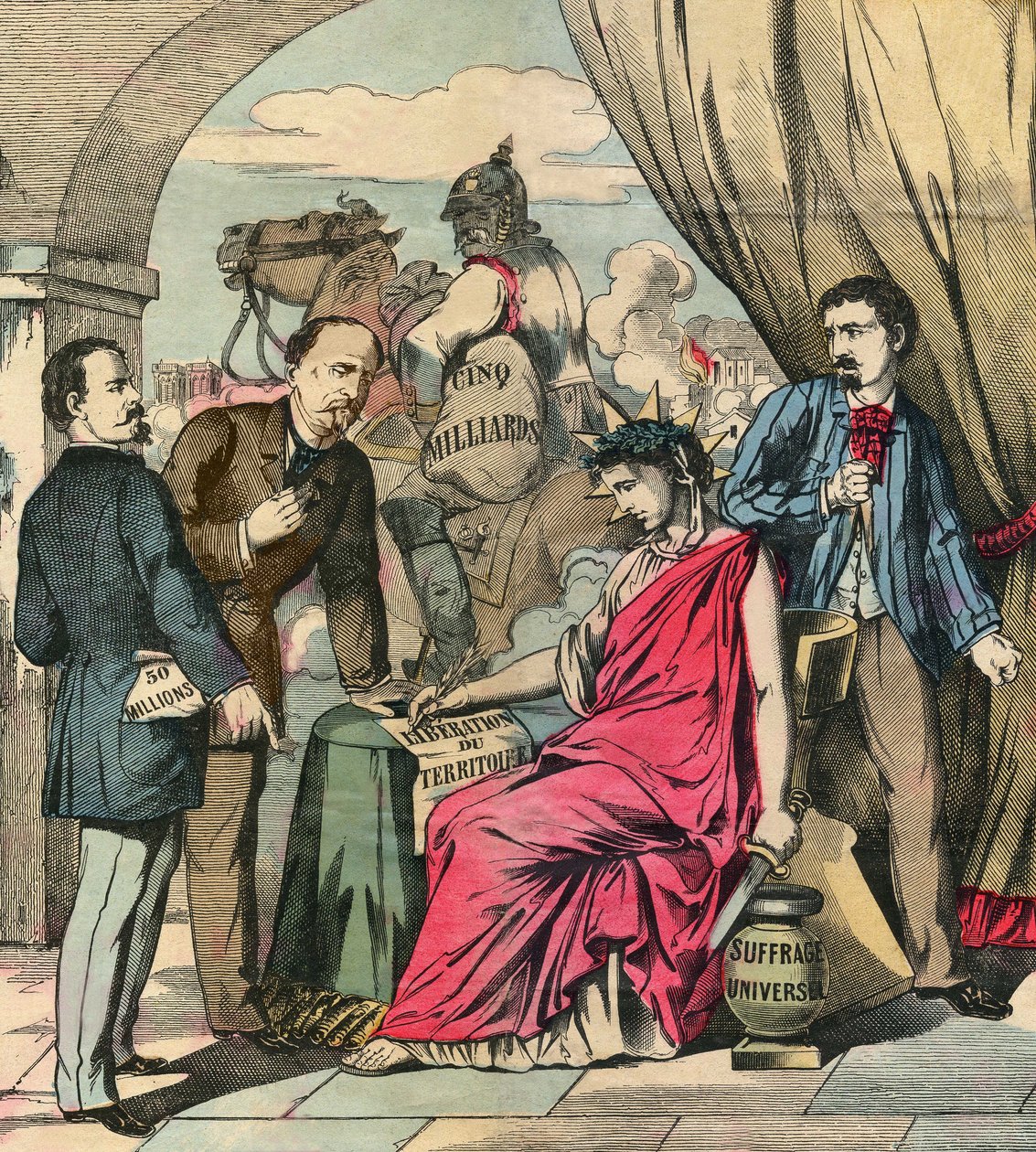 经过阿道夫-梯也尔（Adolphe Thiers）和奥托-冯-俾斯麦（Otto von Bismarck）的谈判，1871 年 5 月 10 日签署的《法兰克福条约》结束了法德战争：法国不得不割让阿尔萨斯和部分洛林，并支付 50 亿法郎。费加罗报副刊 "上的版画，关于 作者 法语学校