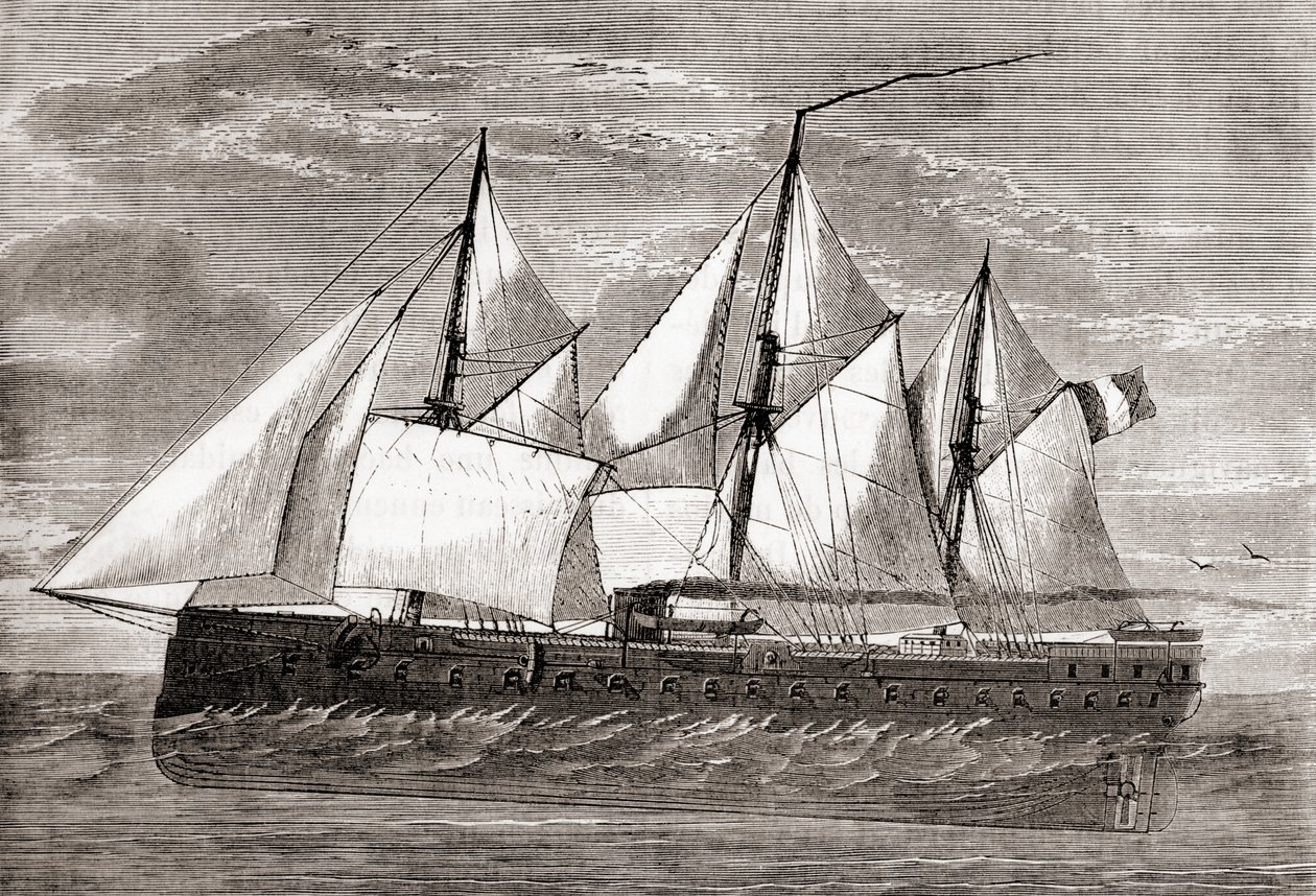 1859 年从 Les Merveilles de la Science 发射的法国铁甲舰 Glory Glory 是第一艘远洋铁甲舰，大约在 1870 年出版（雕刻） 作者 法语学校