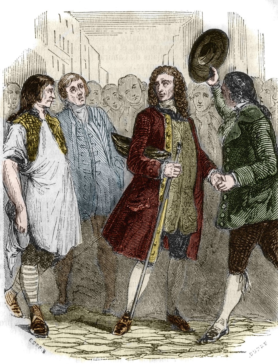 法国作家和哲学家Francois-Marie Arouet dit Voltaire（1694-1778）在流亡后回到了法国。19世纪的雕版画。 作者 法语学校