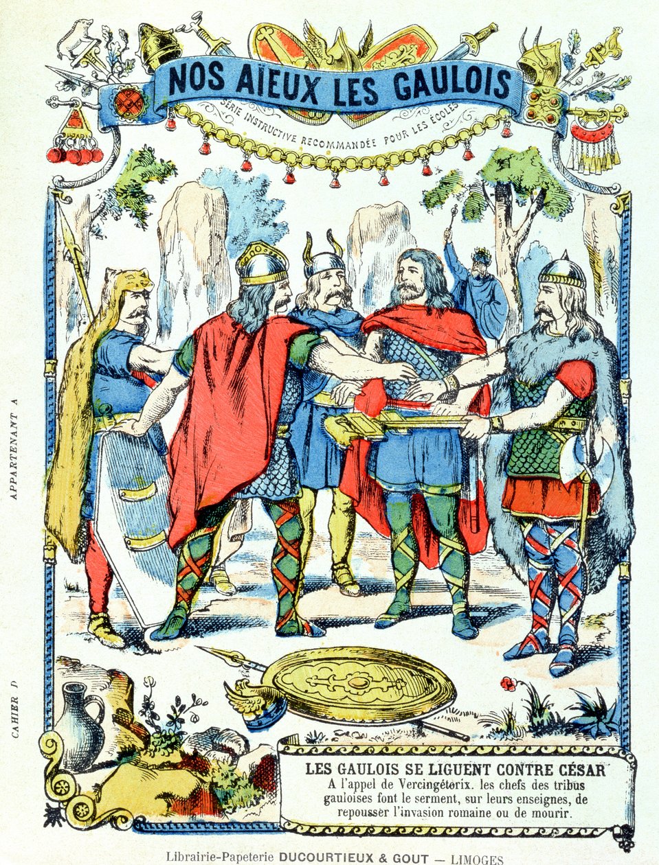 联盟反对朱利叶斯·凯撒（公元前100  -  44年）的高卢领导人，由Vercingetorix（公元前46年）领导的学校书籍保护套，19世纪末期 作者 法语学校