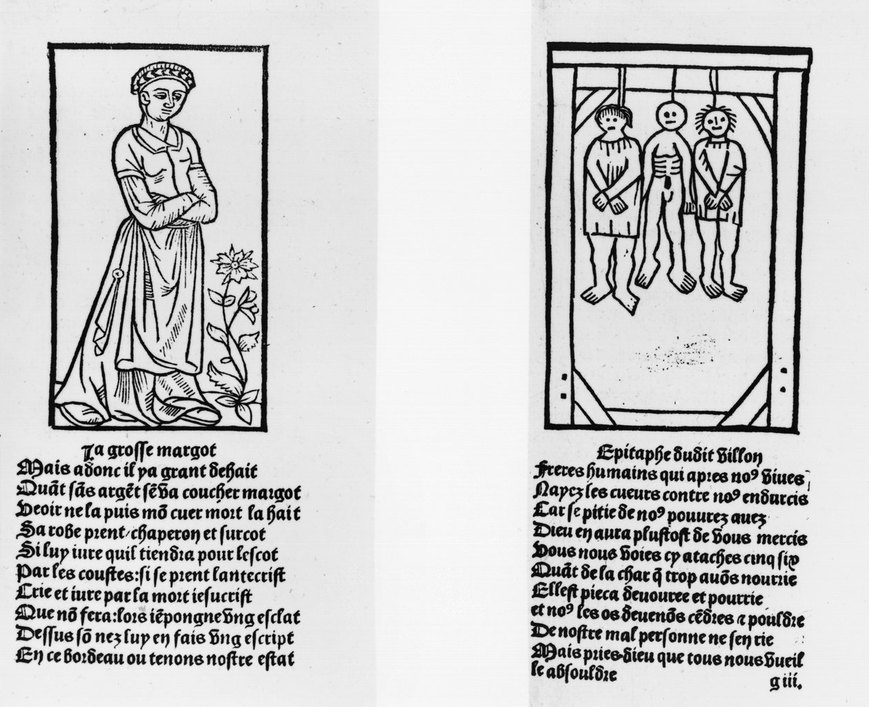 Grosse Margot和Three Hanged Men，来自Francois Villon的“Oeuvres”（1431-63）Pierre Levet，1489年出版 作者 法语学校